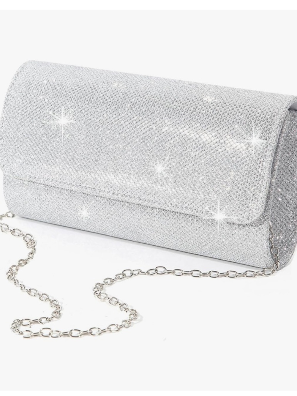 Silver Sparkle Evening Clutch with Chain Strap